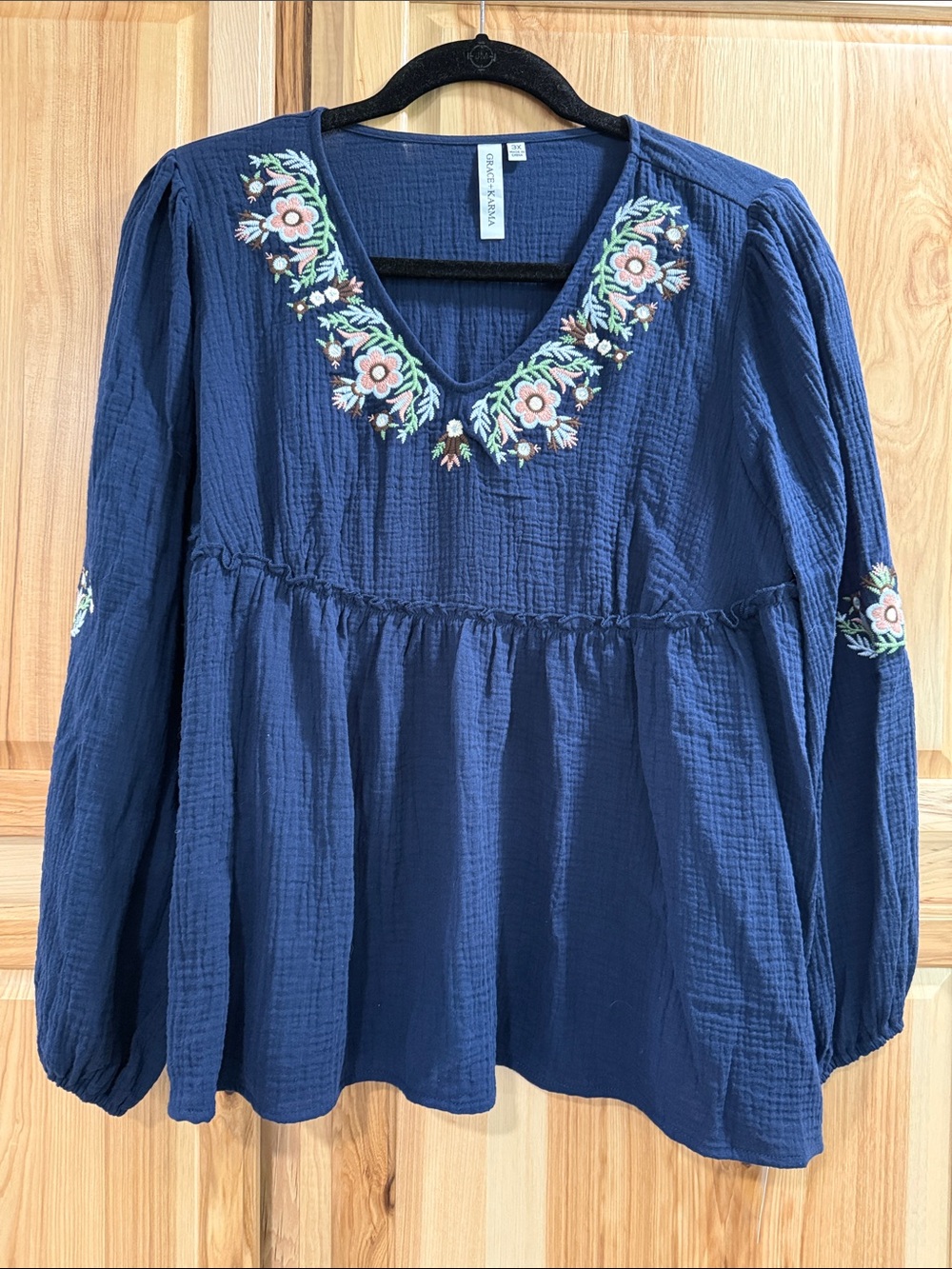 New! Grace & Karma Sz 3X Navy Floral Embroidered Cottagecore V-Neck Babydoll Top